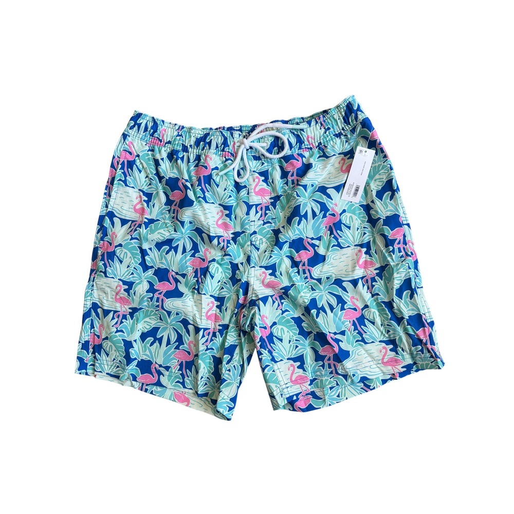 Member's Mark Mens Resort Swim Trunks Blue Pink Flamingo Tropical Print Size M
